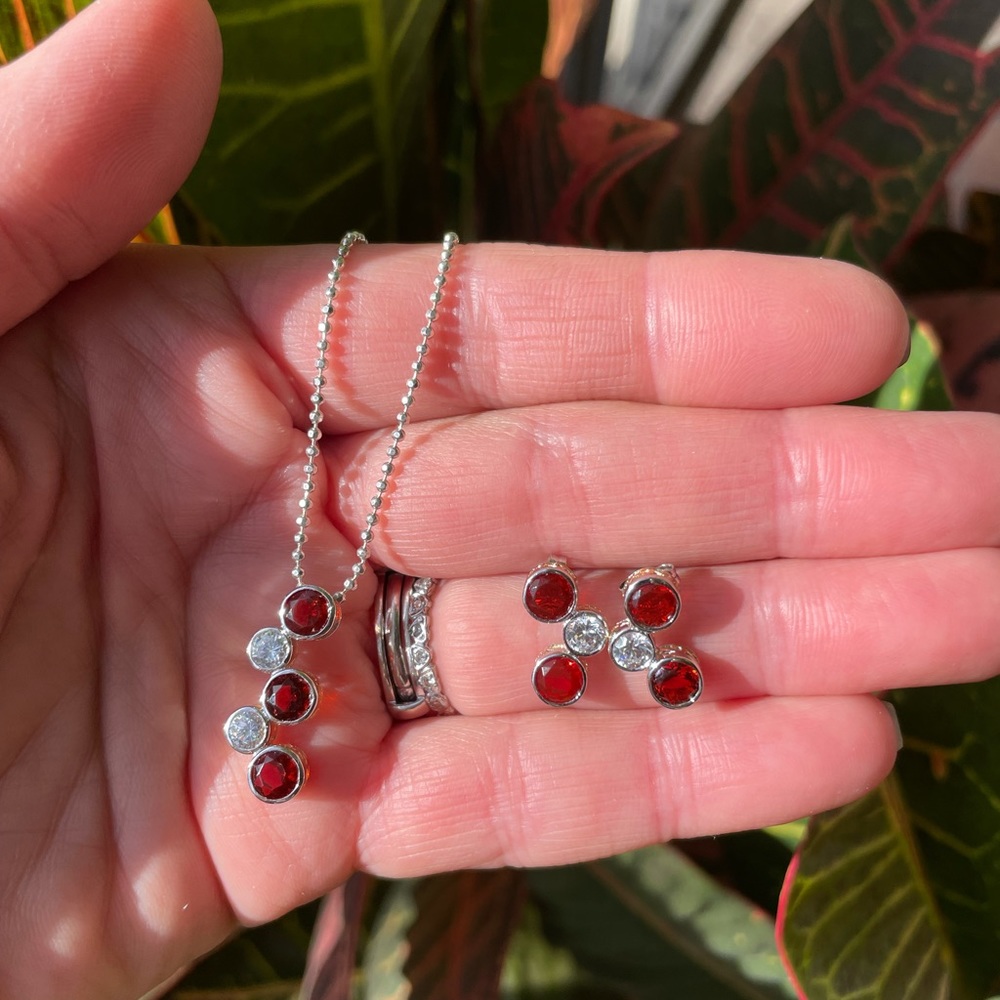 Ruby/CZ Stones Sterling Silver Necklace ER Set - Picture 7 of 14